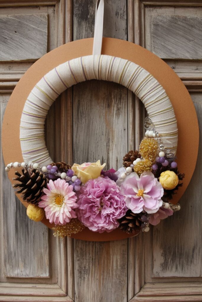 DIY cardboard wreath, covered with ribbon and decorated with flowers and ornaments, perfect for seasonal décor