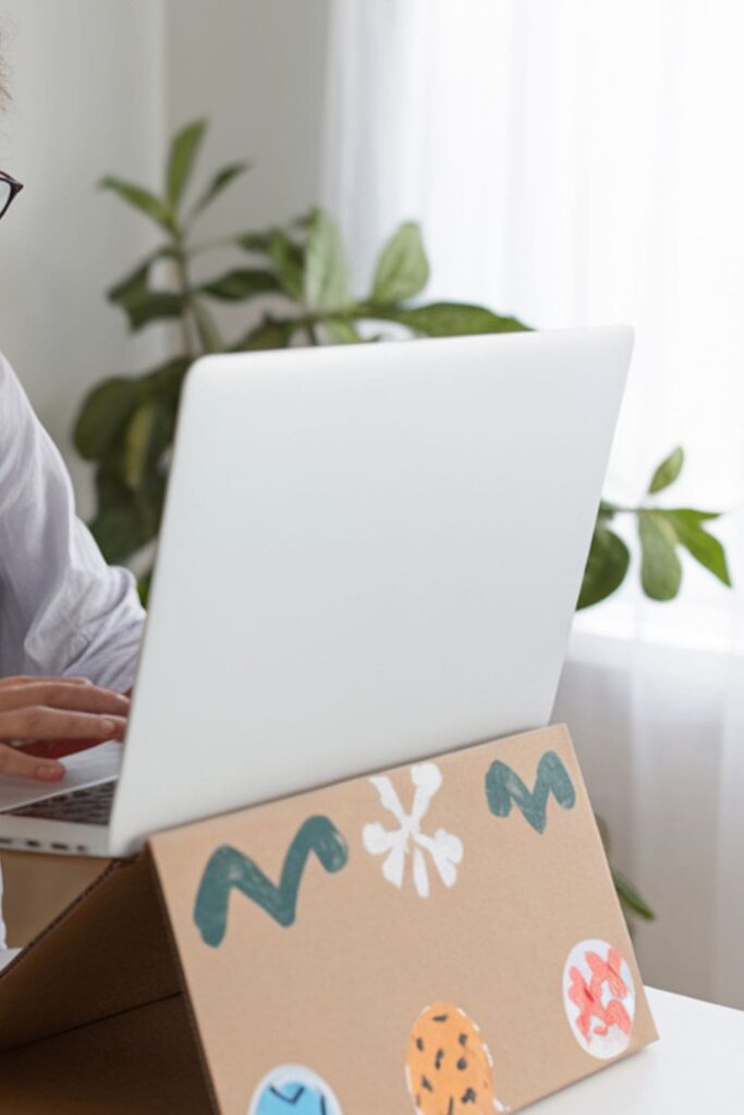 DIY ergonomic laptop stand made from sturdy cardboard, decorated with paint or stickers to personalize it