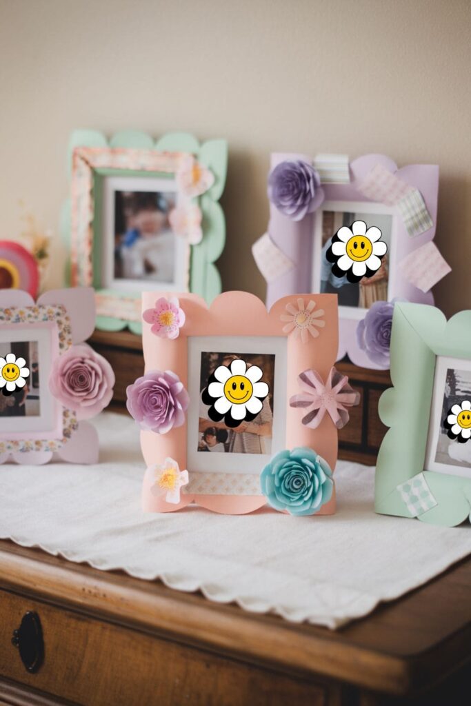 DIY paper photo frames in pastel colors, adorned with washi tape and stickers, displaying family photos on a desk