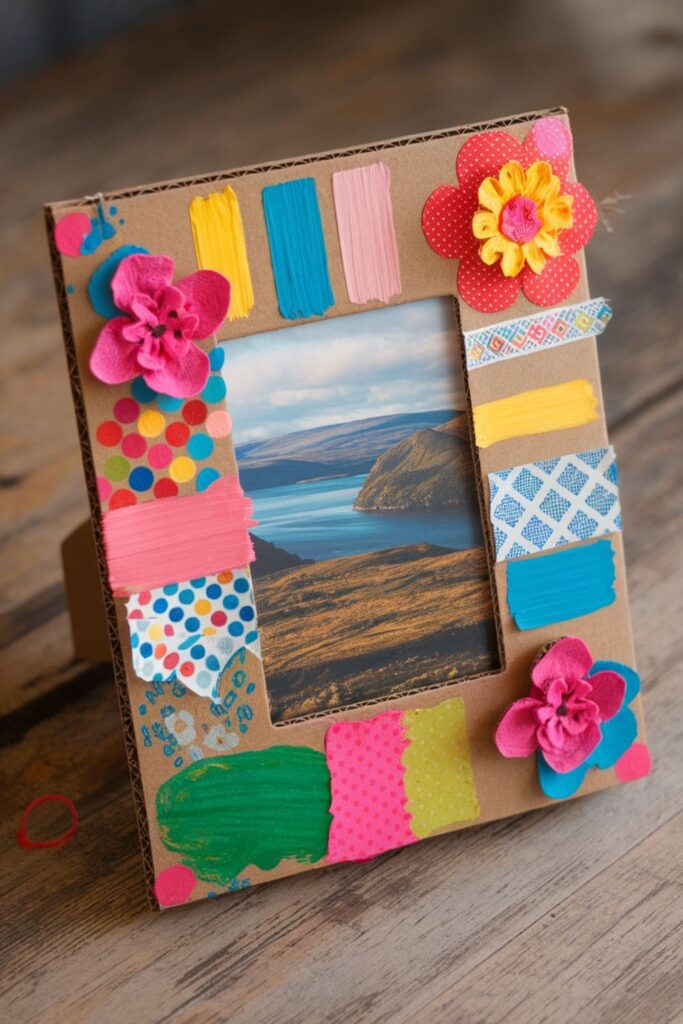 DIY photo frames made from cardboard, decorated with washi tape, paint, or fabric, showcasing cherished photographs