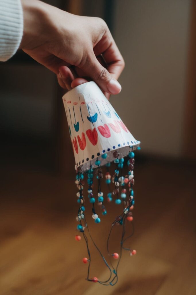 DIY rainmakers made from paper cups filled with beads, decorated in bright colors, and shown being shaken to create sound