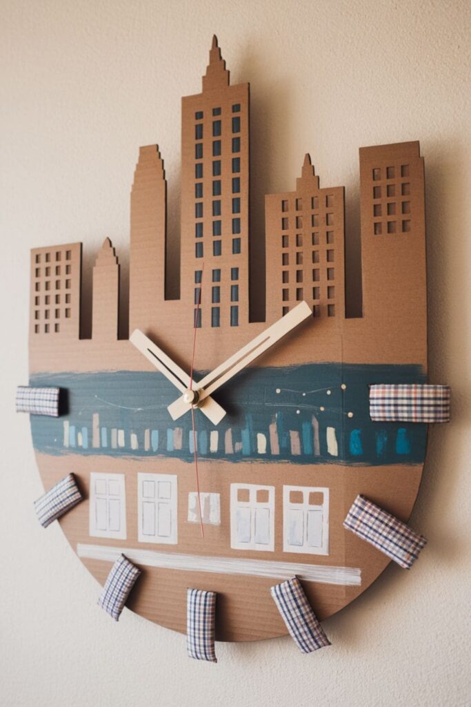 DIY wall clock made from cardboard, painted with a stylish design, with a clock mechanism inserted in the center