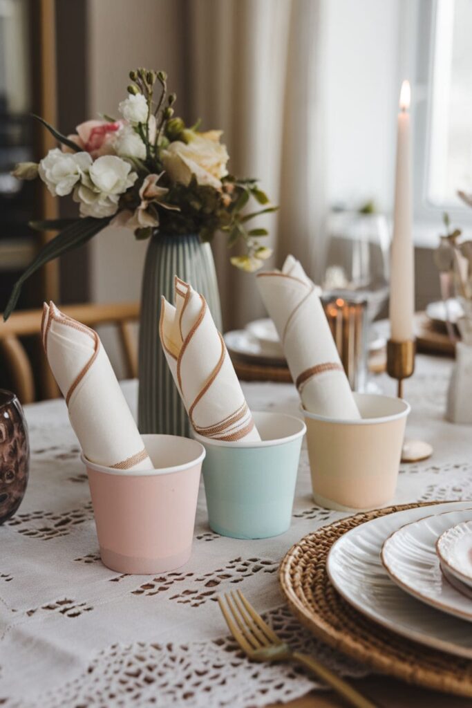 Decorative napkin holders made from halved paper cups painted in pastel colors, holding neatly rolled napkins on a table