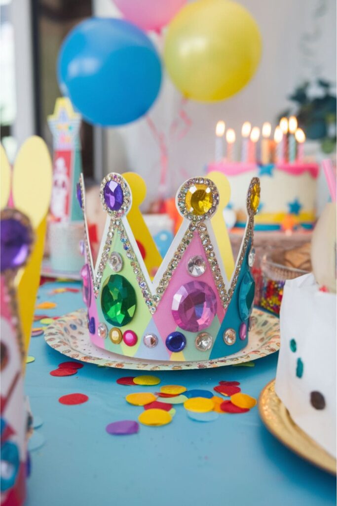 Decorative paper crowns in various colors, embellished with glitter and gems, displayed on a birthday party table