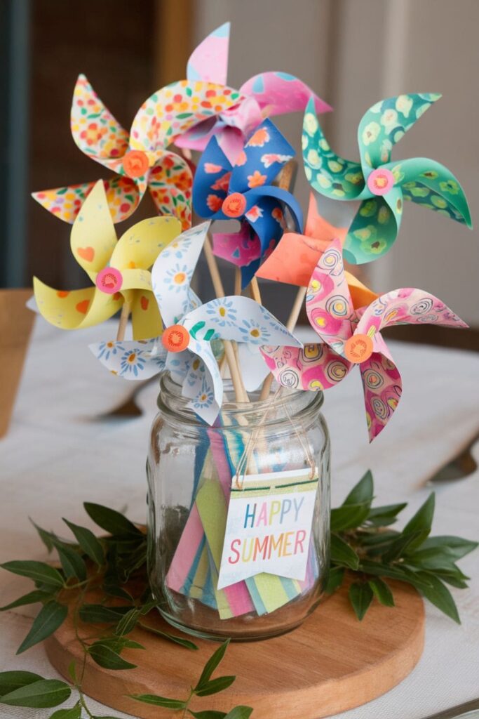 Decorative paper pinwheels in cheerful patterns, placed in a glass jar as a centerpiece for a summer party