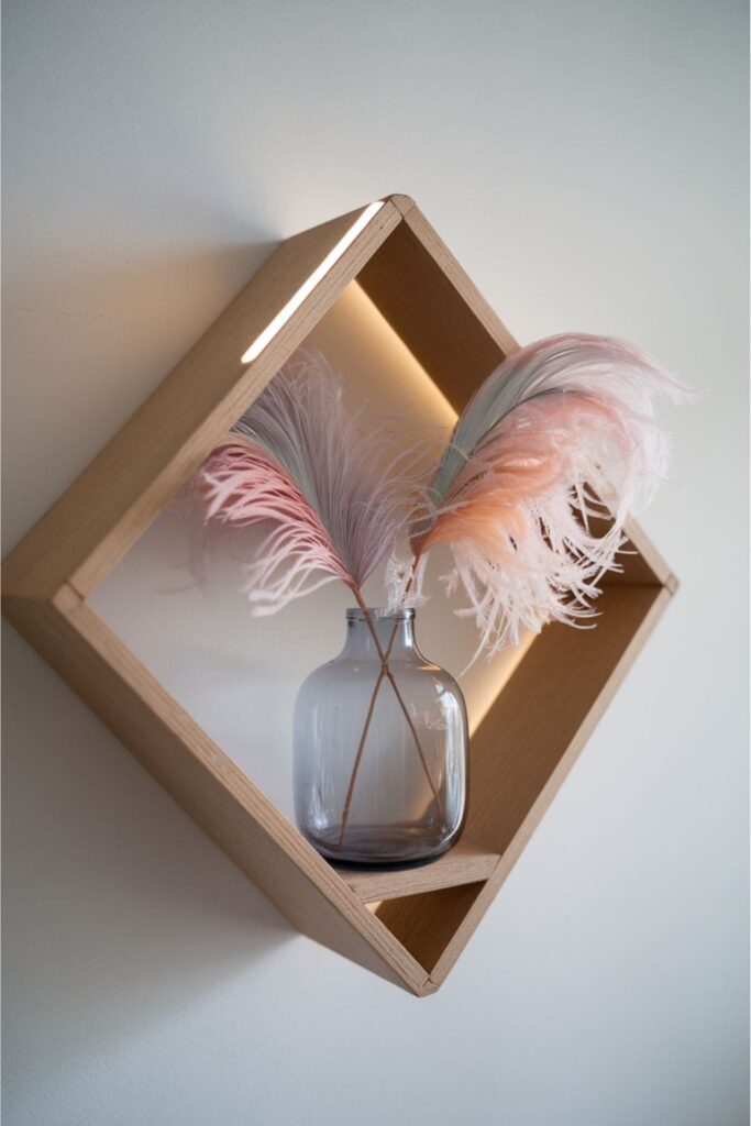 Delicate paper feathers in soft pastel colors, arranged in a glass vase on a wooden shelf with warm lighting