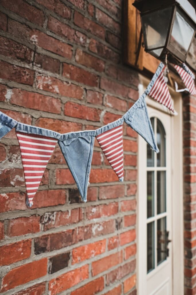 Denim bunting triangles hanging on a brick wall, adding a rustic touch to a party decor setting