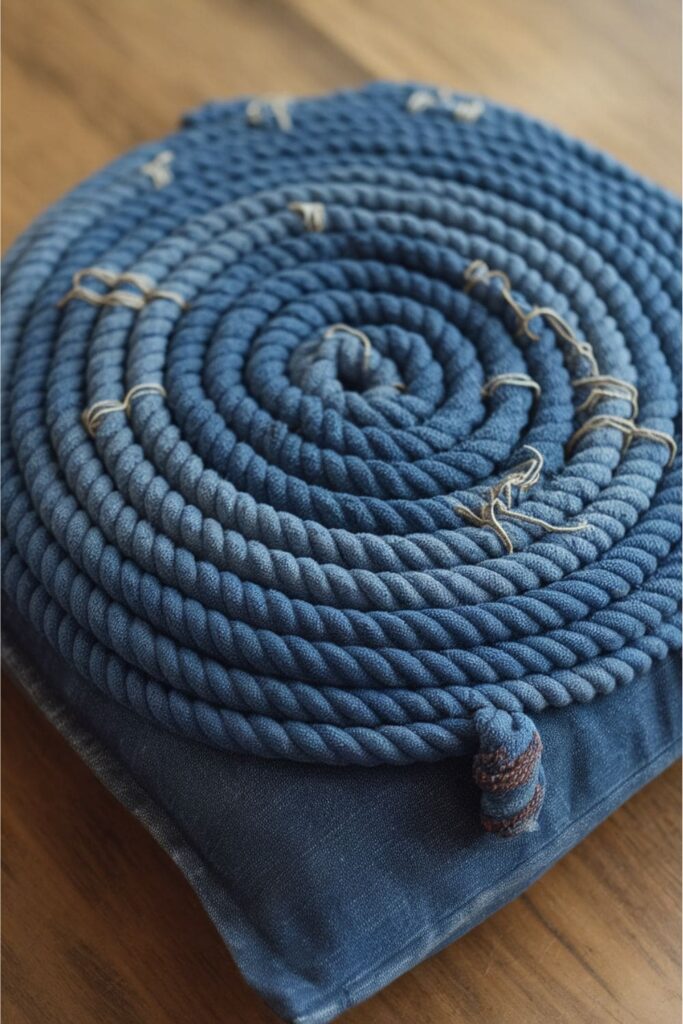 Denim pillow decorated with twisted denim strips arranged in a spiral pattern, glued in place for a nautical-inspired design