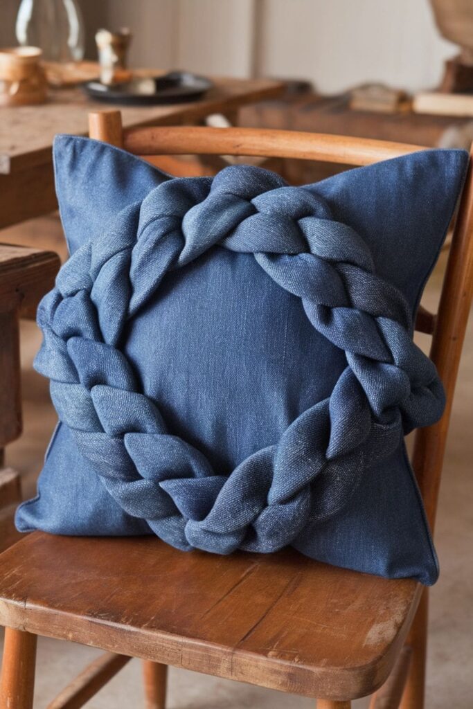 Denim pillow featuring a braided design made from long strips of denim, glued in a zigzag or round pattern for added texture