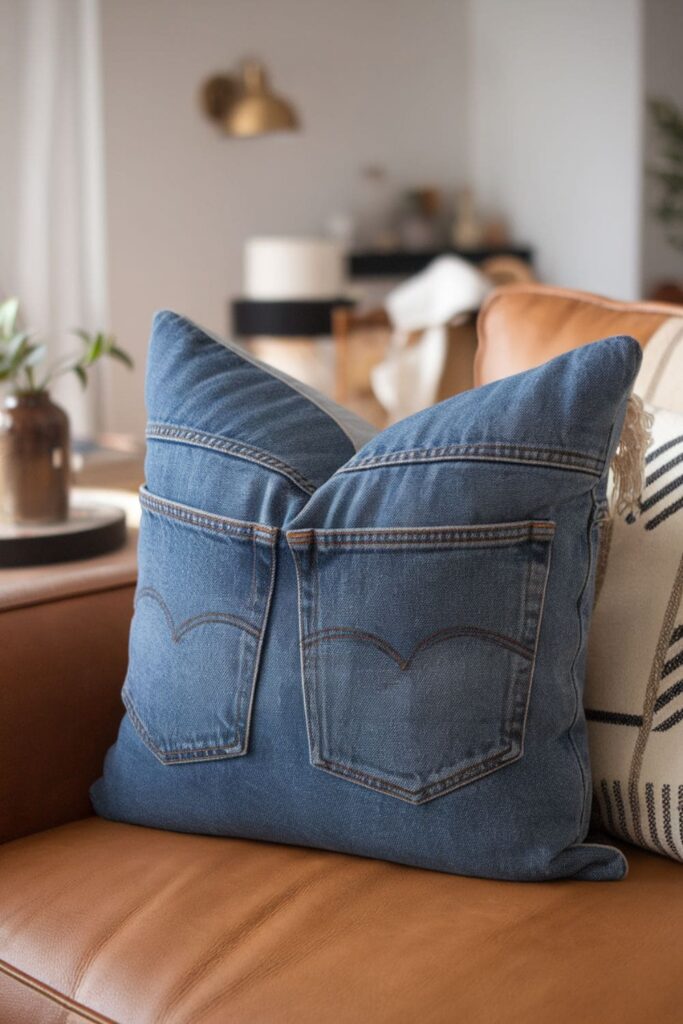 Denim pillow with a back pocket from old jeans, complete with a zipper for added functionality, creating a stylish and practical accent piece