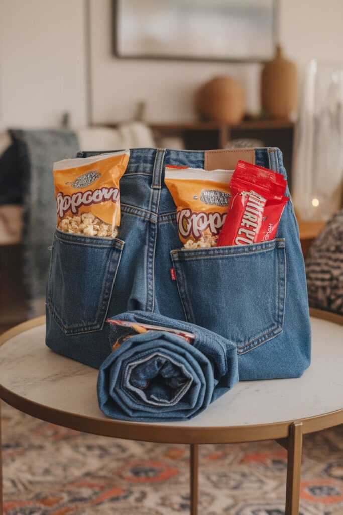 Denim pockets filled with popcorn and candy, serving as creative snack holders for a picnic or gathering