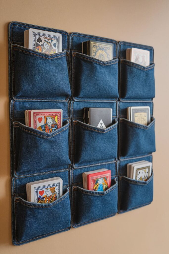 Denim pockets mounted on a board, each holding a deck of cards, organized for easy access to playing cards