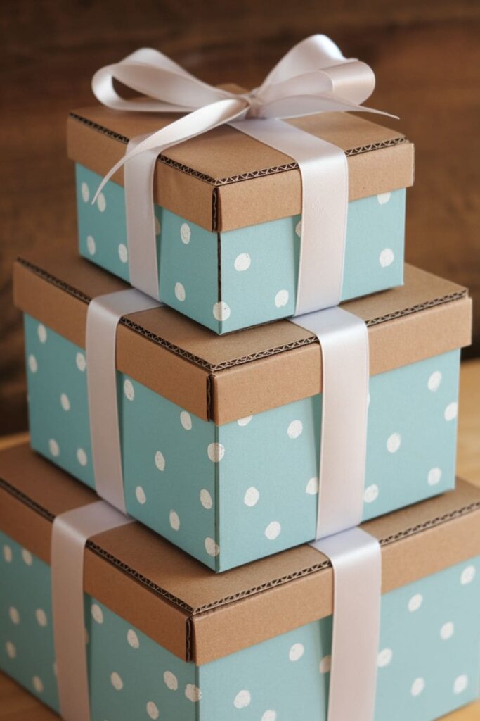 Eco-friendly DIY gift boxes made from cardboard, decorated with ribbons, paint, and patterned paper for a unique look