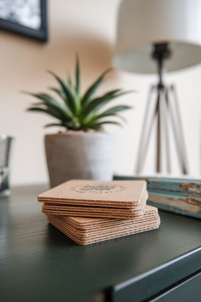 Eco-friendly cardboard coasters stacked for thickness, sealed with waterproof paint, and decorated with geometric designs