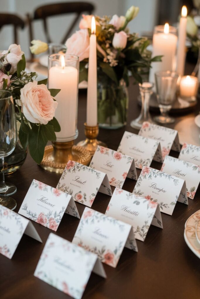 Elegant paper place cards folded into tents, featuring floral patterns and handwritten names, set on a dining table