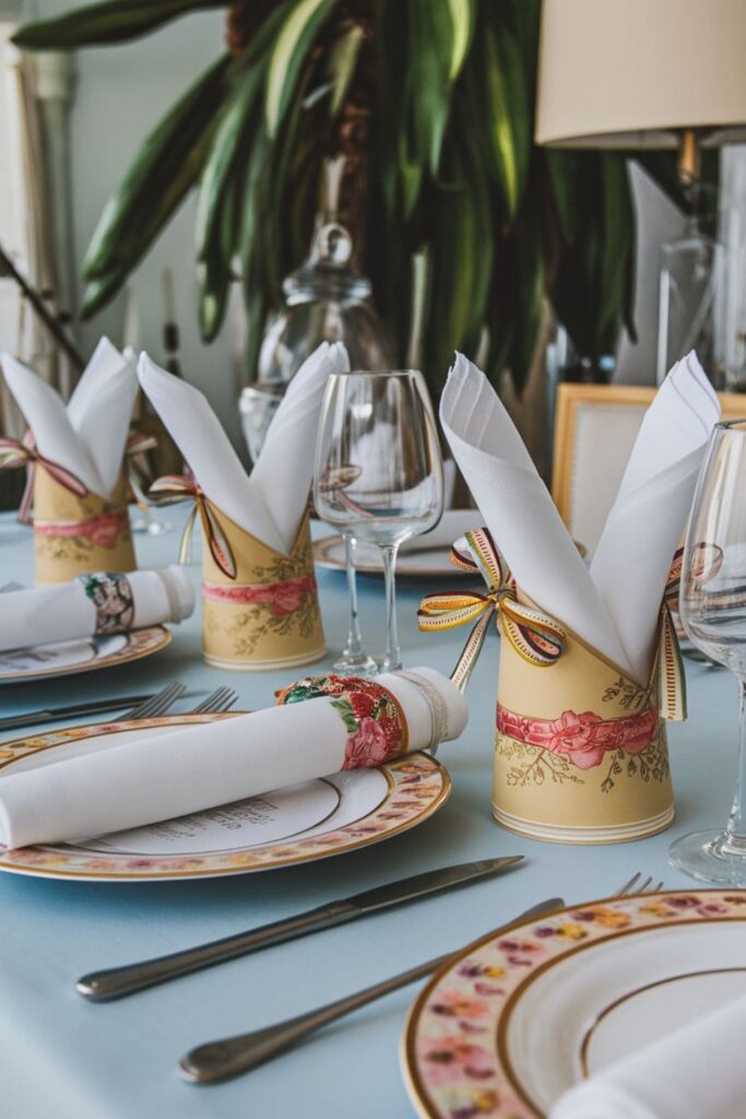 Halved paper cups decorated with ribbons and patterns, used as holders for rolled napkins on a dining table