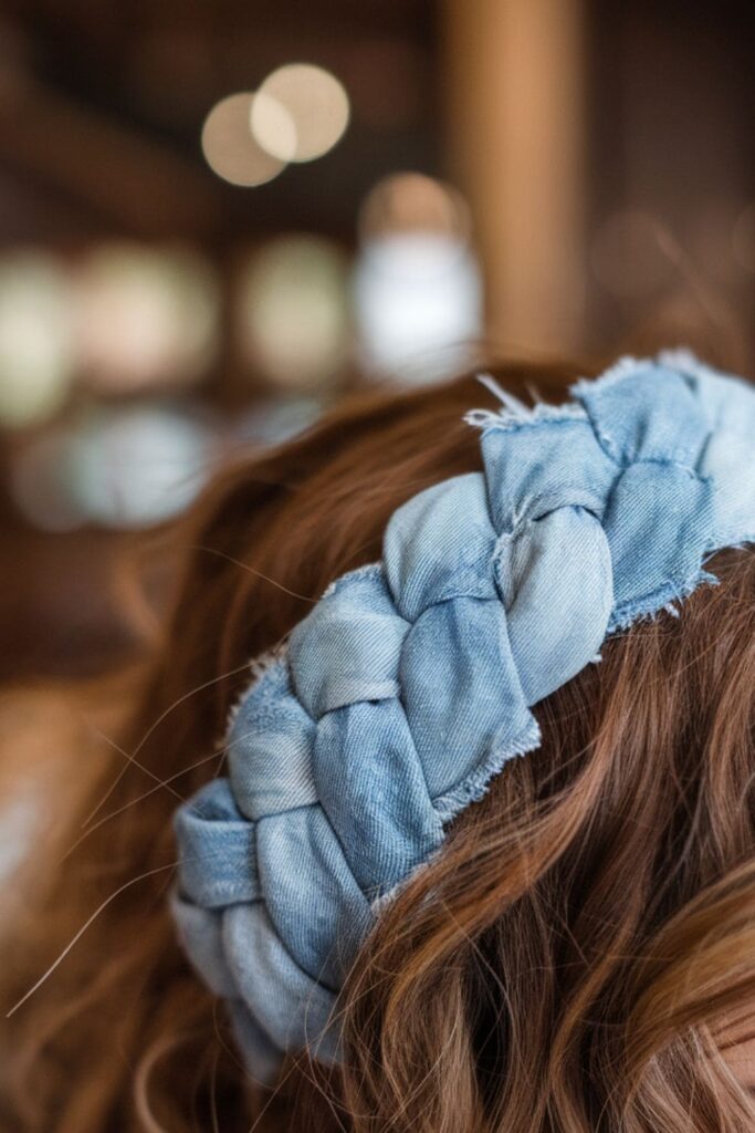 Handcrafted braided denim headband made from three strips of denim, styled on a model for a rustic look