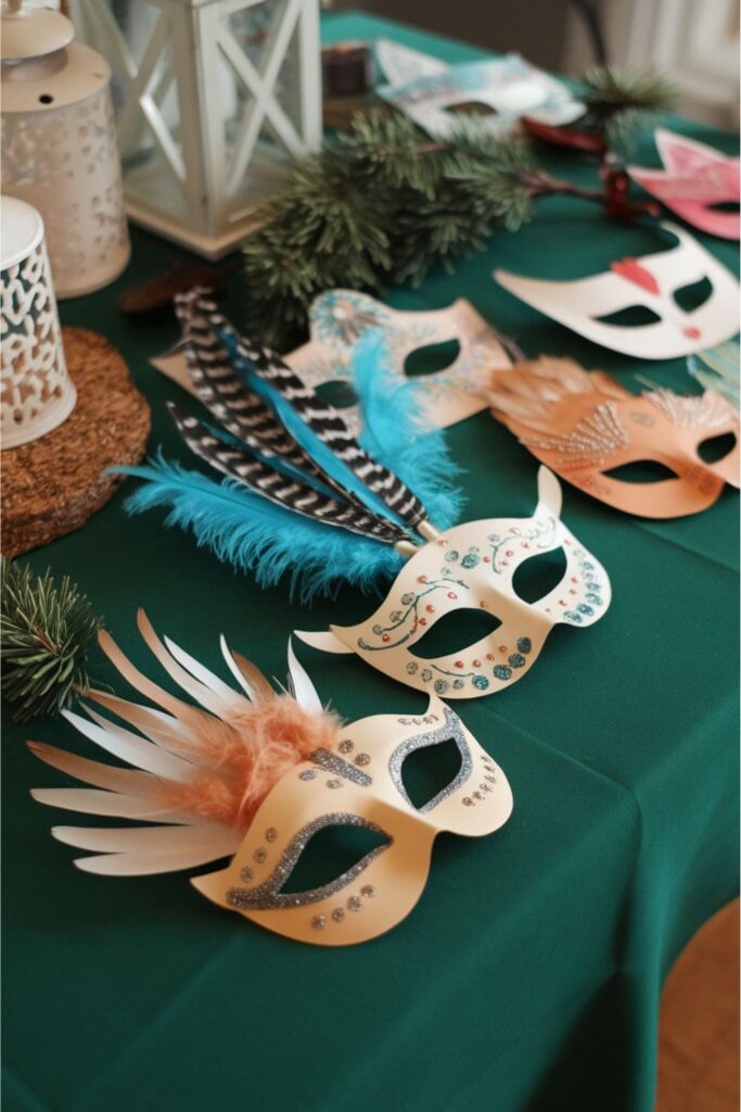 Handcrafted paper masks with intricate designs, decorated with feathers and glitter, lying on a festive table