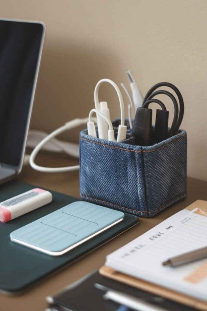 Handmade denim cord holder organizing various cables on a desk with a laptop and stationery