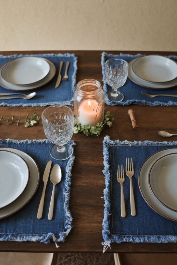 Handmade denim table mats with frayed edges set on a dining table with plates, cutlery, and a floral centerpiece