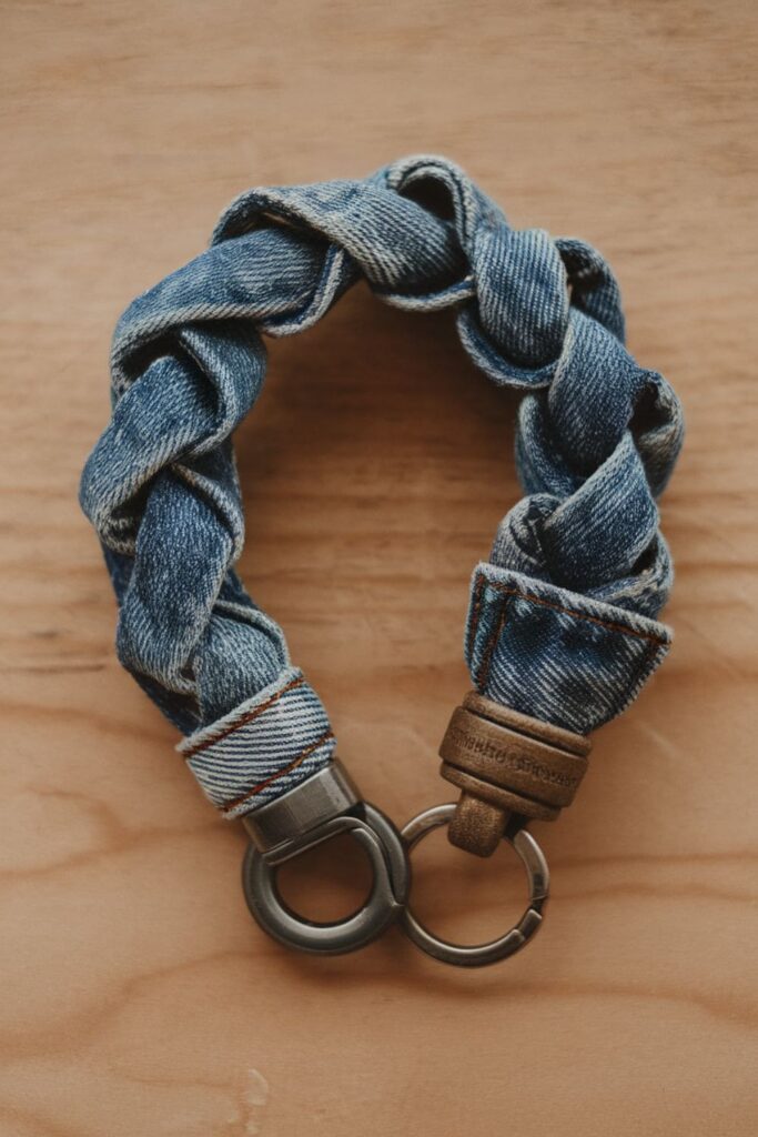 Handmade keychain made from a braided denim strip, attached to a metal key ring for a rugged, casual accessory