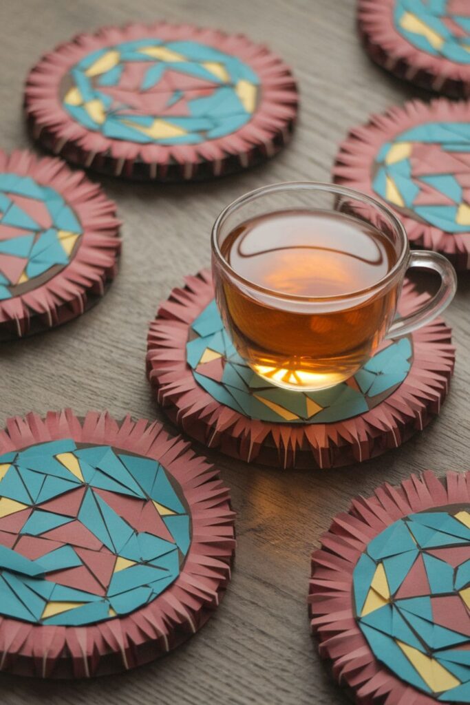 Handmade paper coasters with geometric designs, sealed with a glossy finish, arranged with a cup of tea on a table