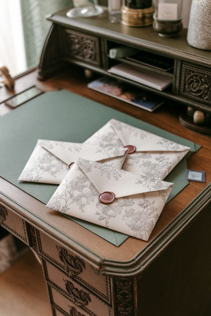 Handmade paper envelopes with floral patterns, sealed with decorative wax stamps, placed on a vintage wooden desk
