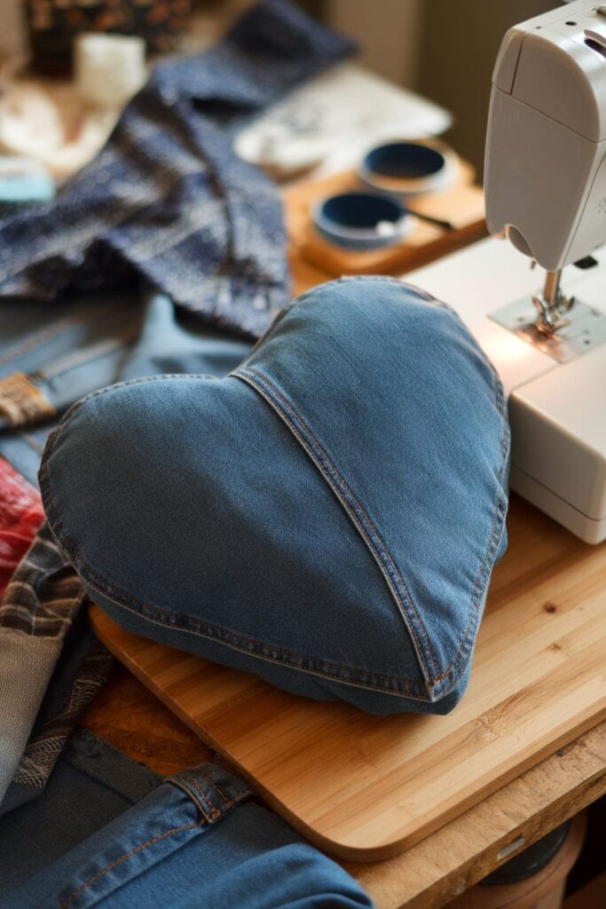 Heart-shaped denim pillow made by gluing two denim heart shapes together and stuffing with filler for a cute, giftable design