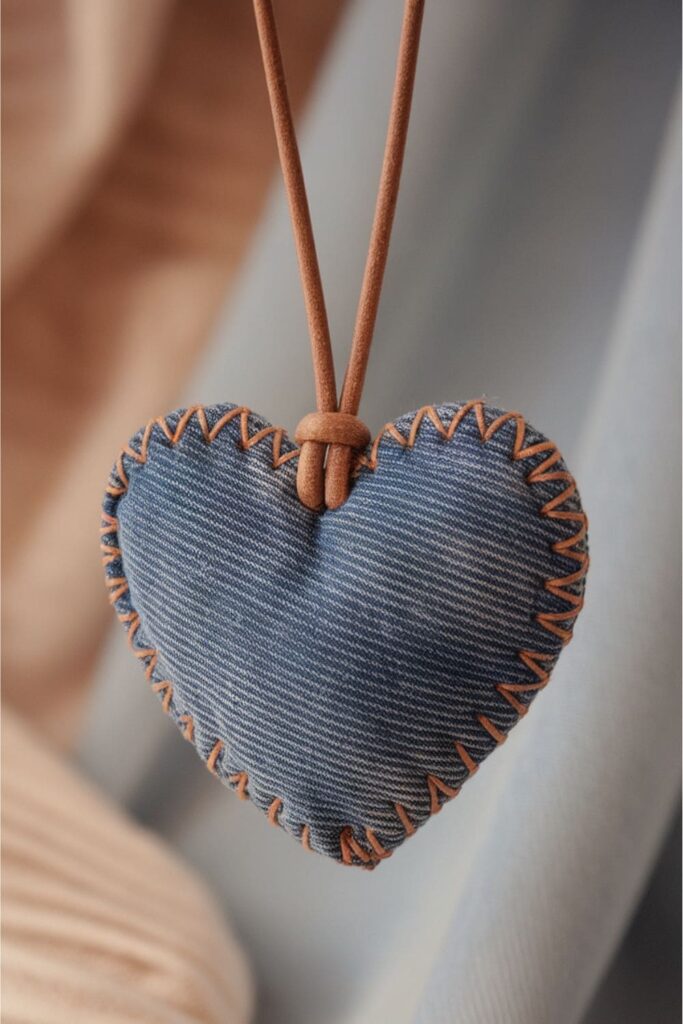 Heart-shaped pendant made from denim with stitched edges, hanging on a simple cord chain for a sweet, handmade look