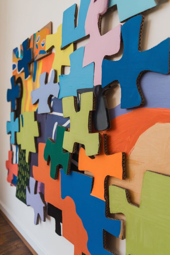 Interlocking puzzle pieces crafted from cardboard, each painted in different colors or designs, mounted on a playful wall display