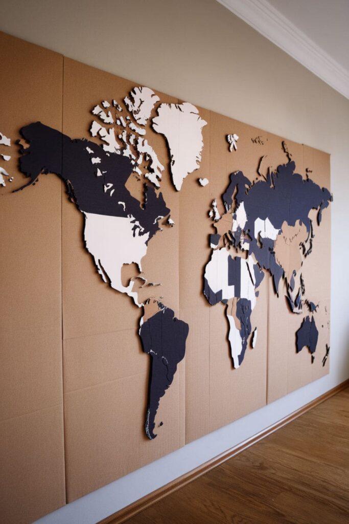 Large-scale cardboard world map with painted continents in bold or neutral shades, mounted on a plain wall backdrop