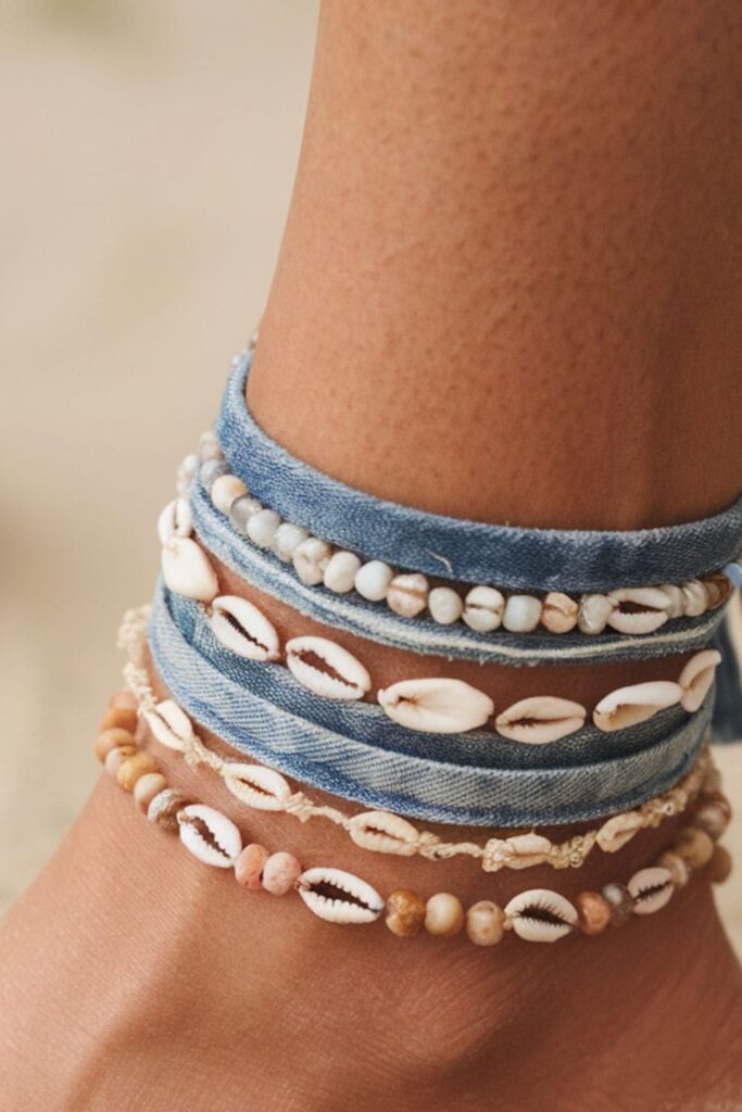 Layered anklet made with thin strips of denim, shells, and beads, creating a boho, beach-inspired