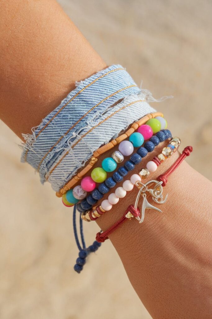 Layered bracelet with denim strips and colorful beads on a stretchy cord, giving a relaxed, beachy look