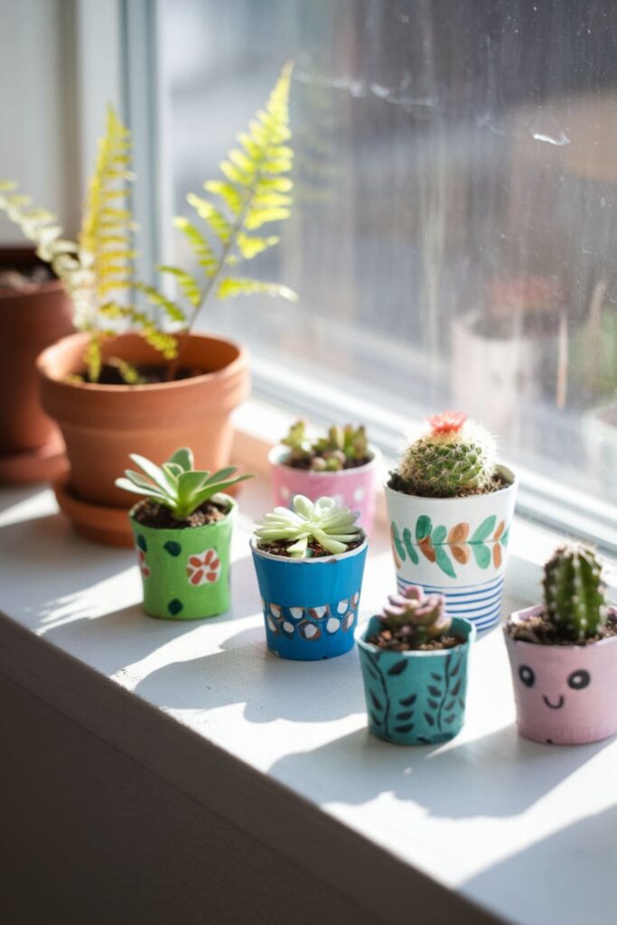 Mini planters created from painted paper cups, holding small succulents, displayed on a windowsill with sunlight