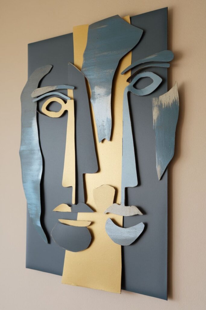 Minimalist cardboard art featuring abstract face shapes painted in monochromatic or metallic tones for a modern look