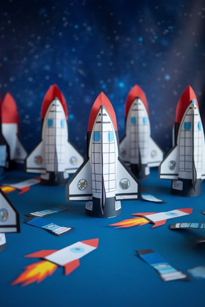 Paper cups crafted into space shuttles with added fins, windows, and flames, arranged in a space-themed setting