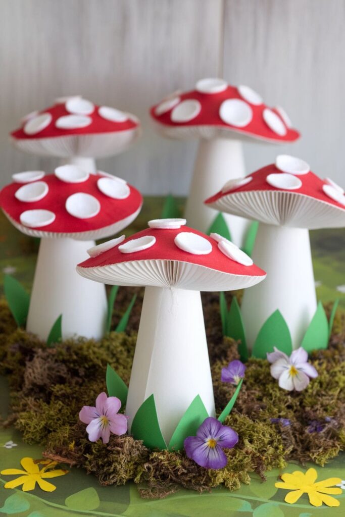 Paper cups painted as mushroom stems with red caps featuring white spots, set in a garden-themed scene