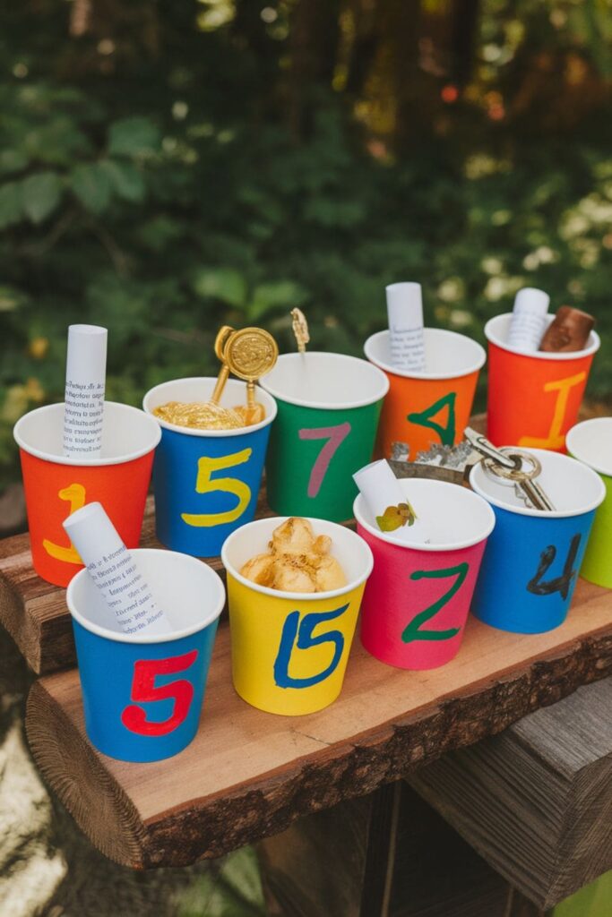 Paper cups painted with numbers and filled with small treasures or clues, used for a fun scavenger hunt game