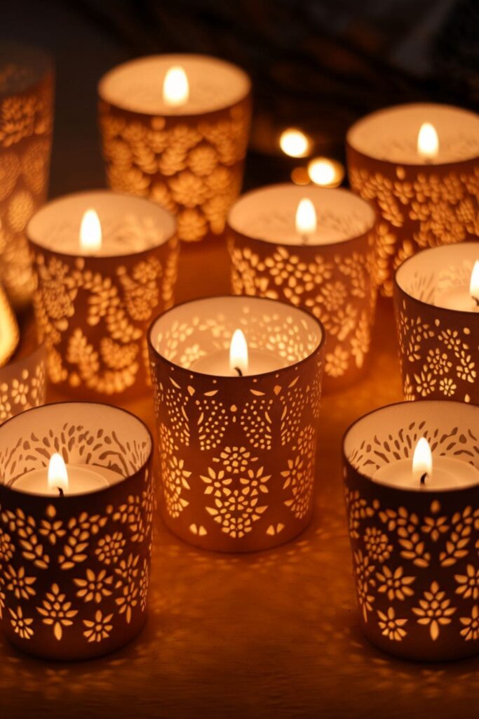 Paper cups with intricate cut-out patterns glowing from battery-operated candles, used as elegant centerpieces