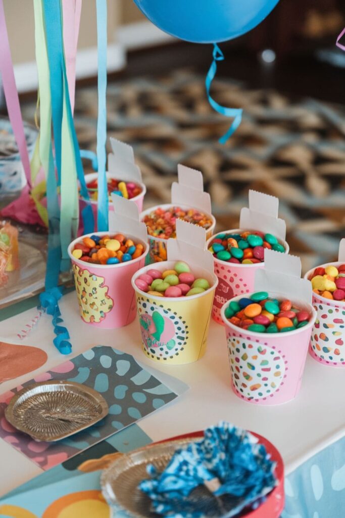 Paper cups with small flaps cut for dispensing candy, decorated in bright designs and filled with colorful treats