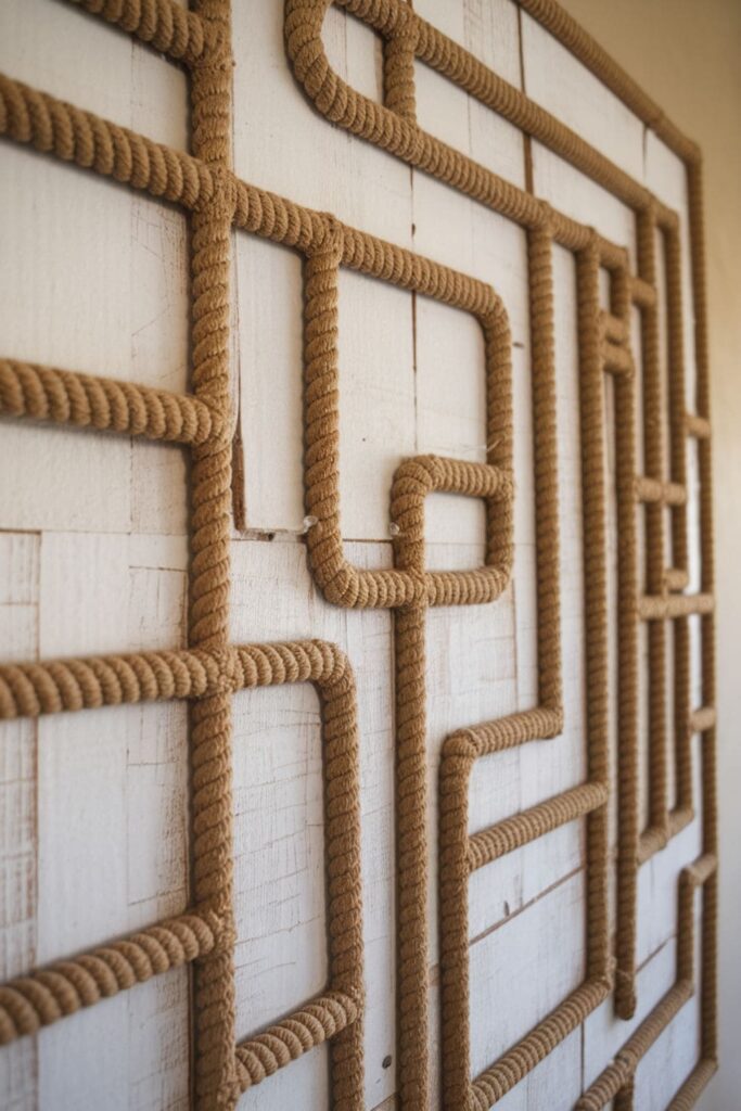 Rustic wall art made with cardboard shapes outlined and filled with rope, creating a textured and tactile decoration