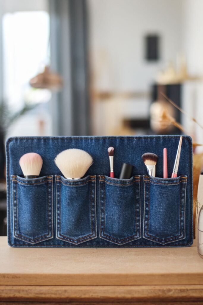 Several denim pockets mounted on a fabric board, each holding different makeup brushes and tools for a vanity organization solution