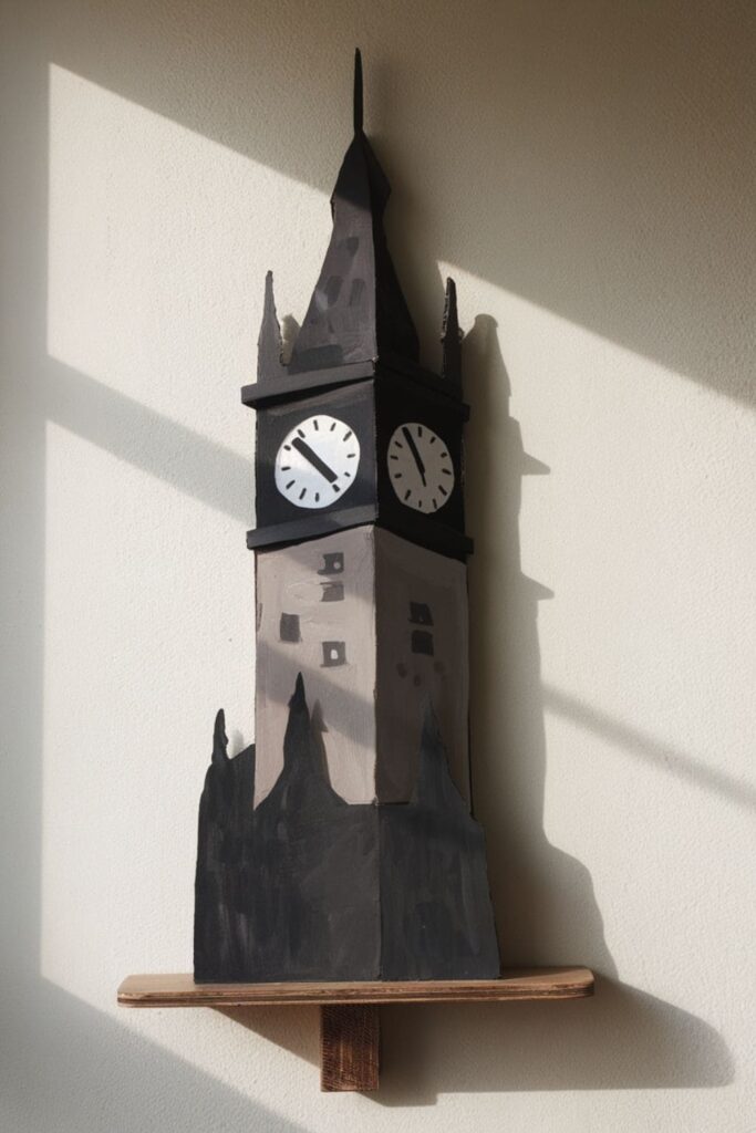 Silhouette of a clock tower crafted from cardboard and painted in dark, neutral shades, displayed on a light wall