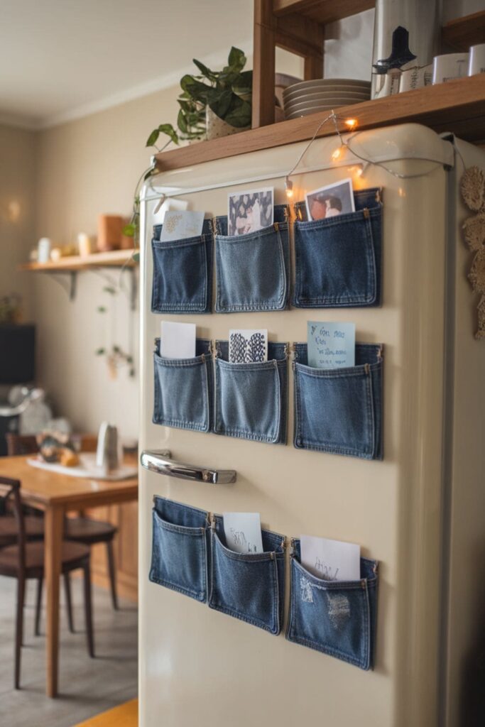 Small denim pockets glued to magnets, holding photos and notes on a fridge, adding style and organization