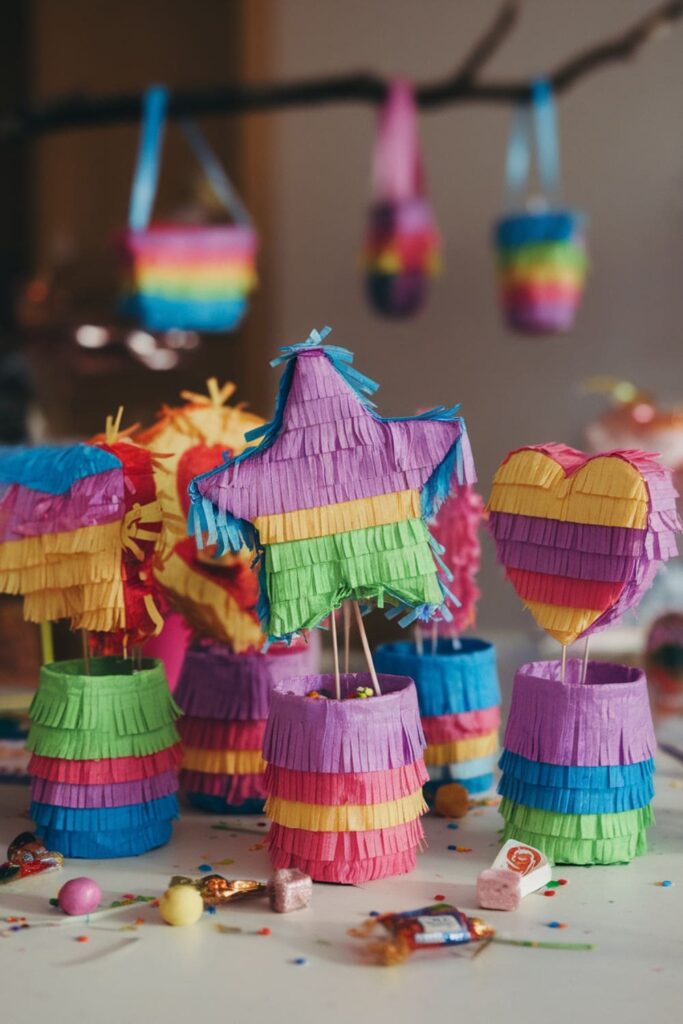 Small piñatas created from paper cups, covered in crepe paper and filled with candies, set on a party table