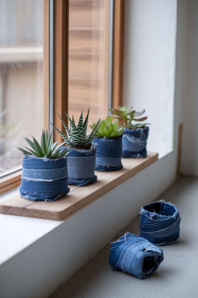 Small plant pots wrapped in denim, displaying succulents on a windowsill with soft natural light