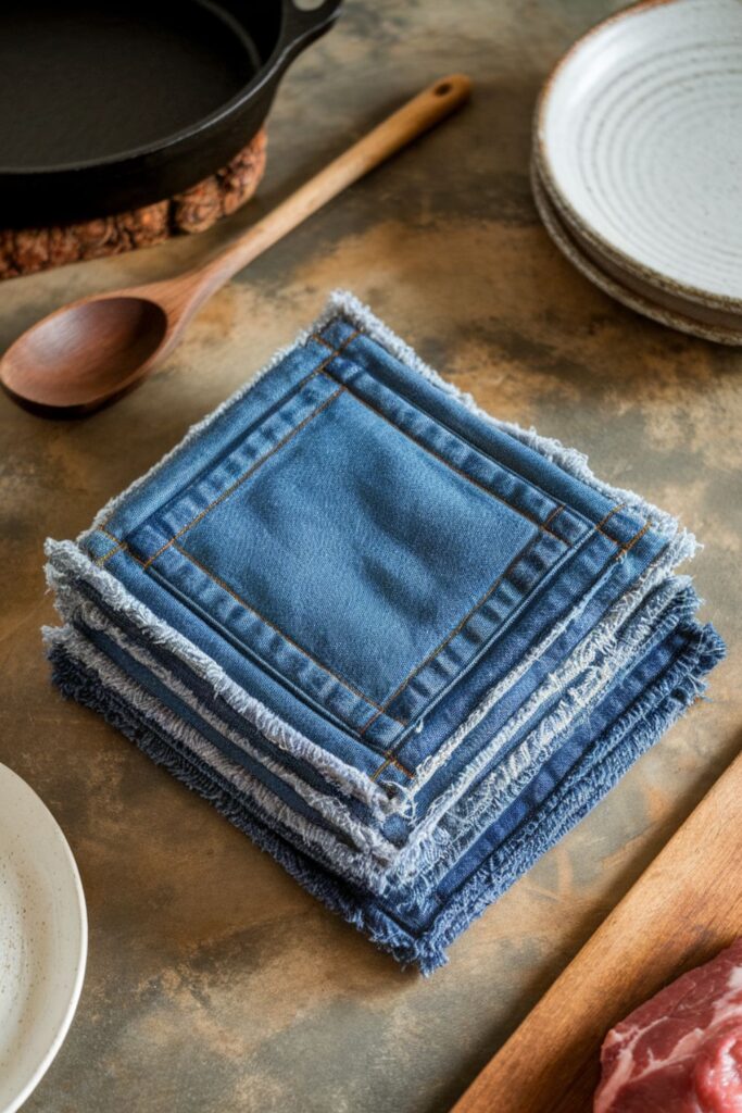 Square denim potholders with layered material and frayed edges, designed for handling hot cookware in the kitchen