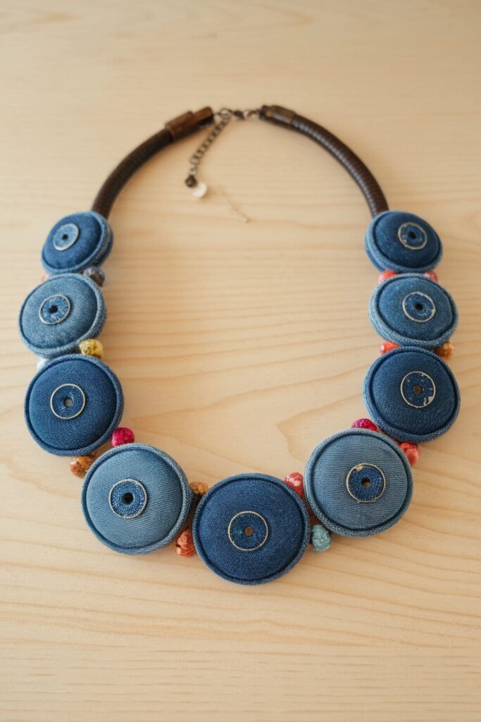 Statement necklace made from denim buttons threaded on a strong cord, with colorful beads adding texture and style