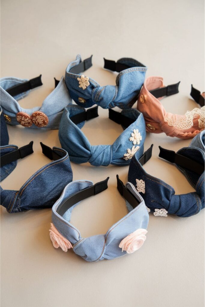 Stylish denim headbands crafted from old jeans, with a sewn design and added flair of buttons and fabric flowers