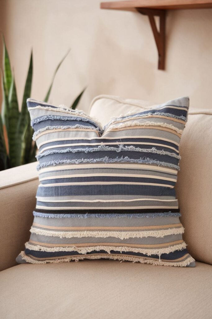 Stylish denim pillow with horizontal or vertical stripes of denim in various shades, creating a modern and chic design